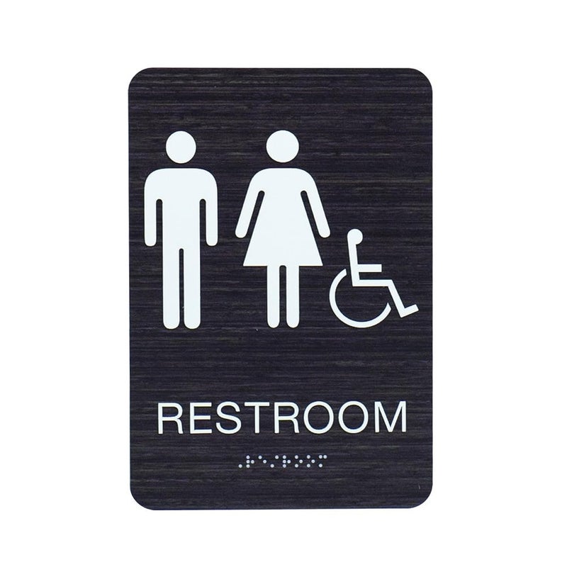 Unisex & Gender Neutral ADA Restroom (Bathroom) Modern Chic Signs w/Braille - Dark Woodgrain